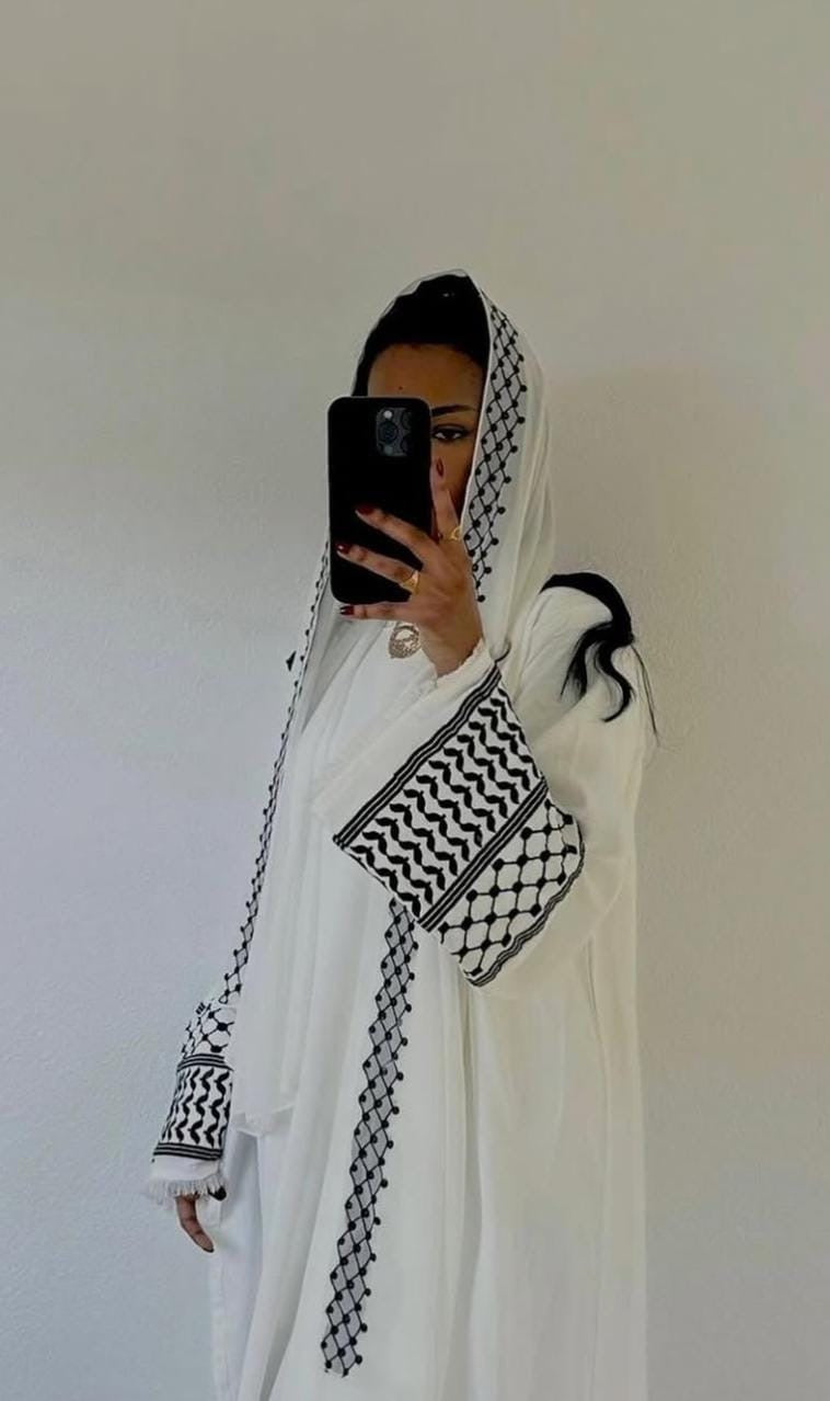 Palestinian Embroidered Abaya – White