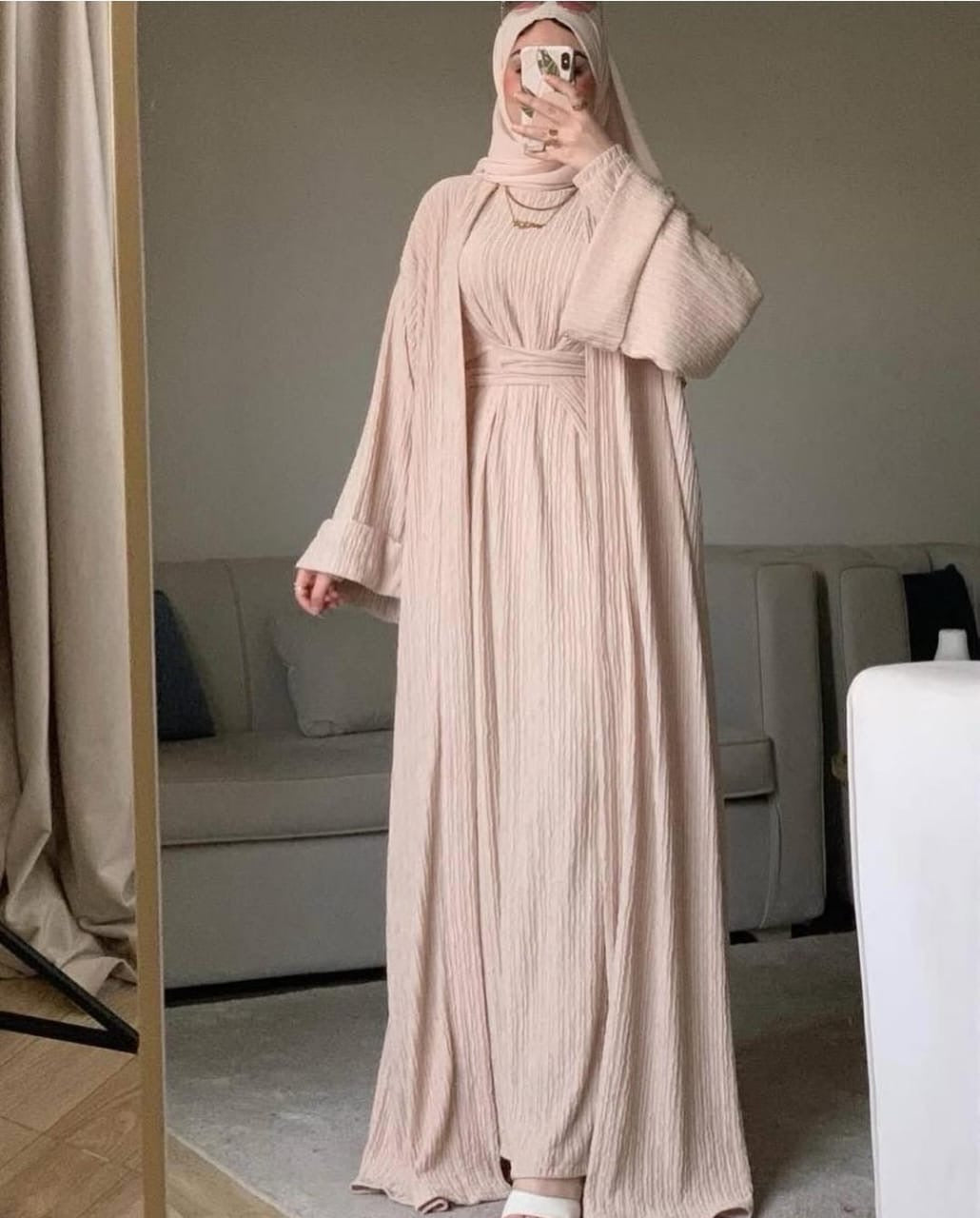 Soft Beige Pleated Abaya Set