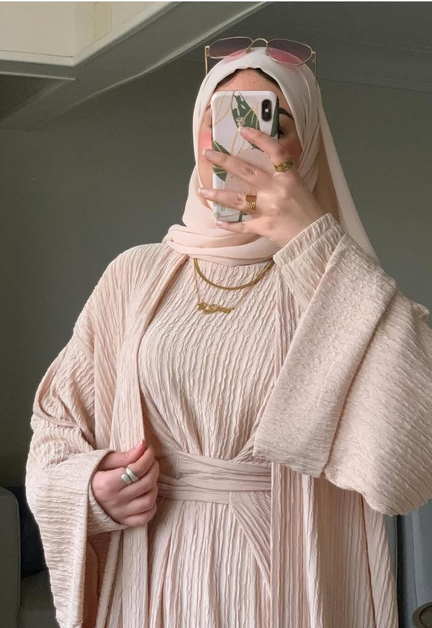 Soft Beige Pleated Abaya Set