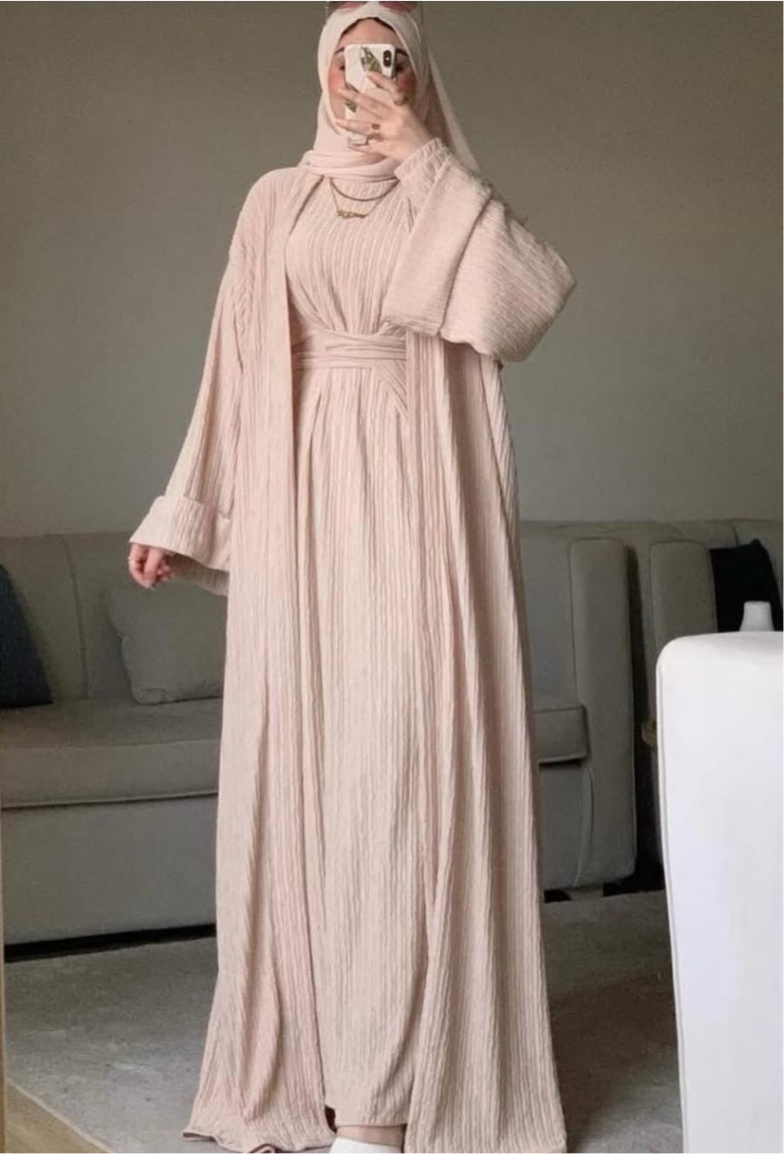 Soft Beige Pleated Abaya Set