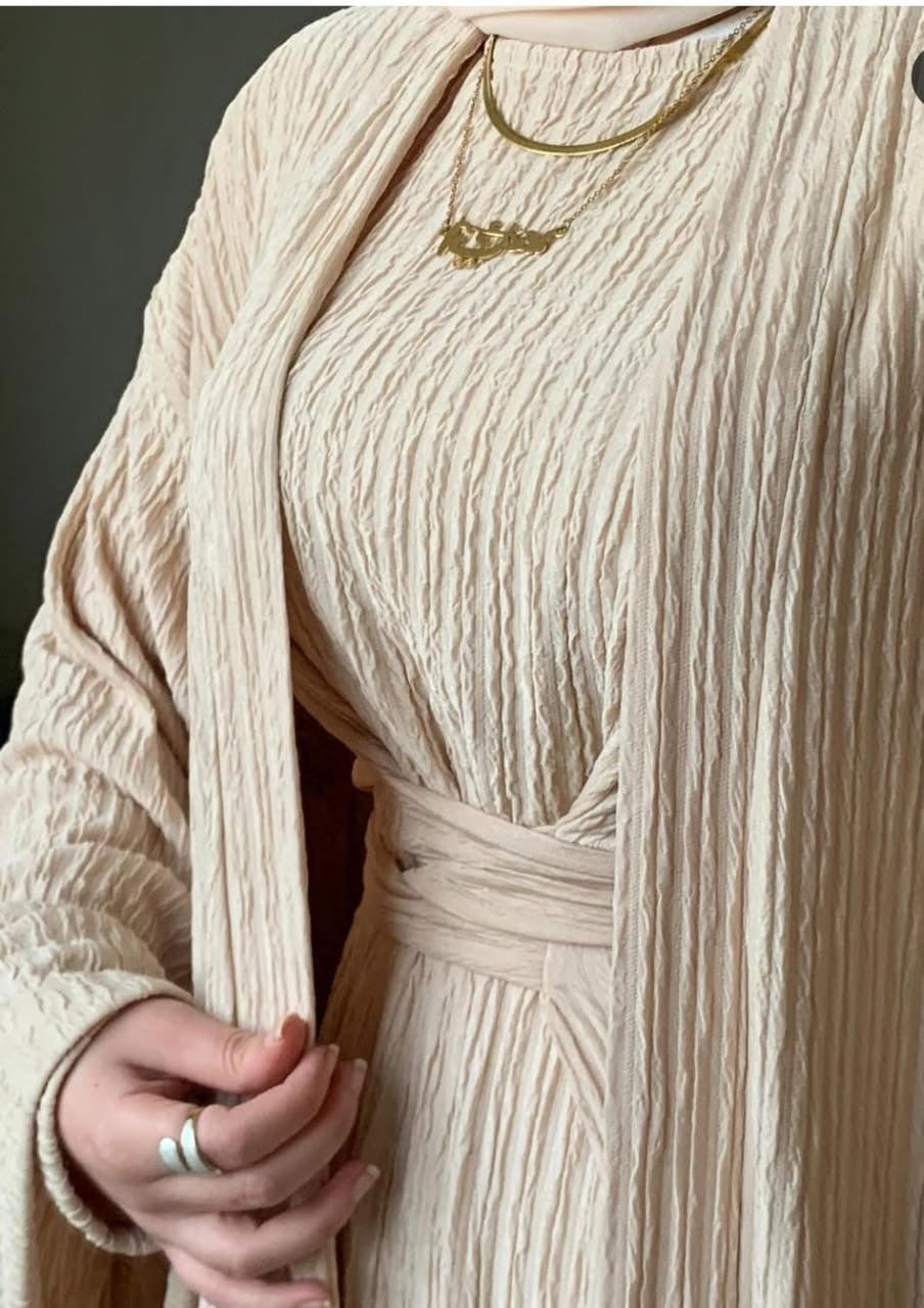 Soft Beige Pleated Abaya Set